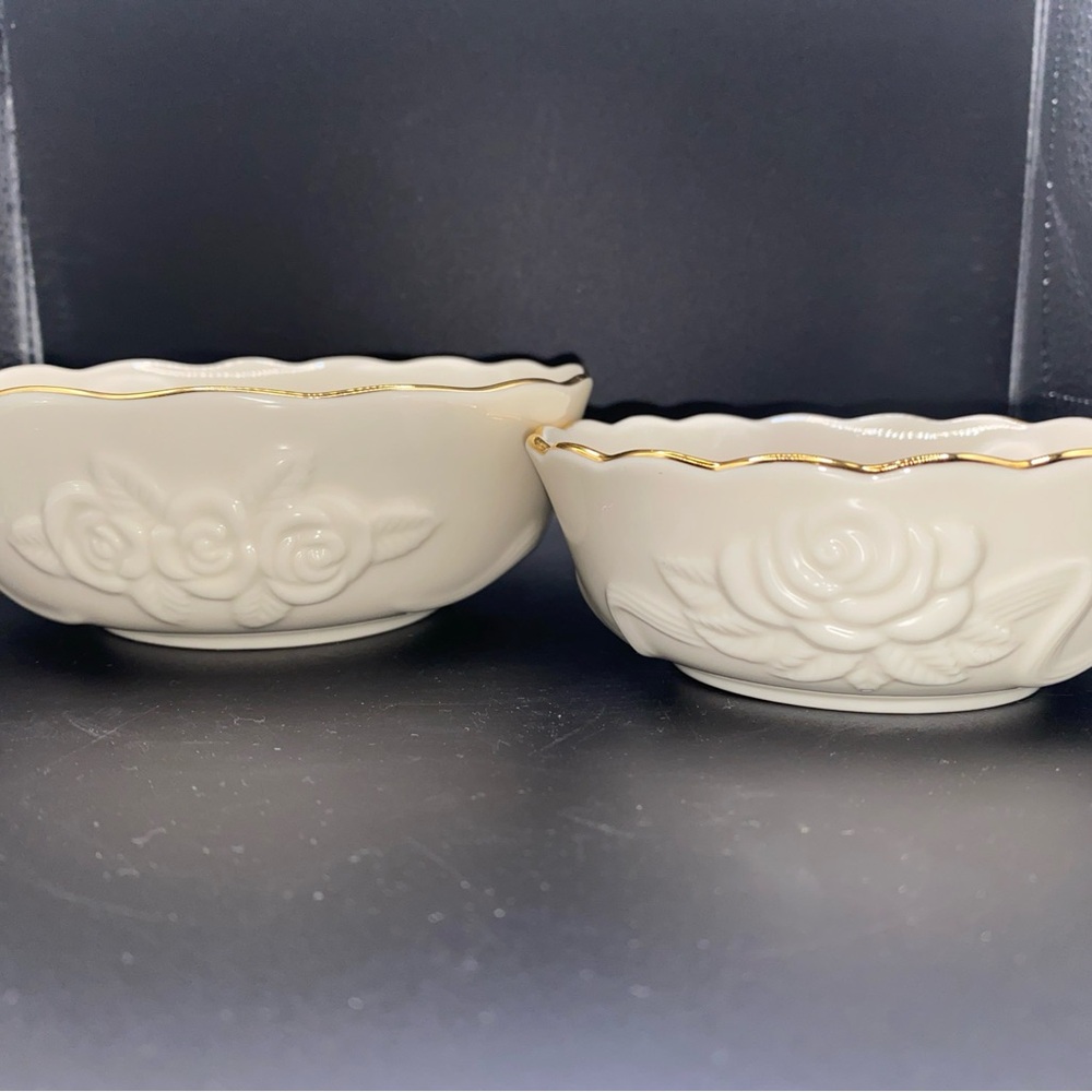 Lenox Rose Blossom Ivory Porcelain Bowls with Scalloped Gold Rim 5 1/2” & 4 1/2”